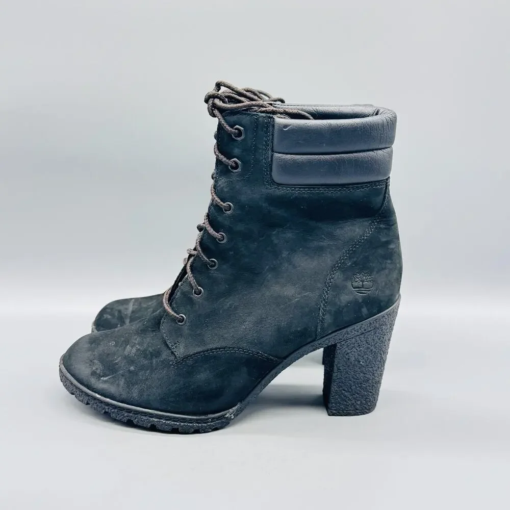Timberland Boots Womens 9 Black Nubuck Lace Up Heel Ankle Booties Lug Sole